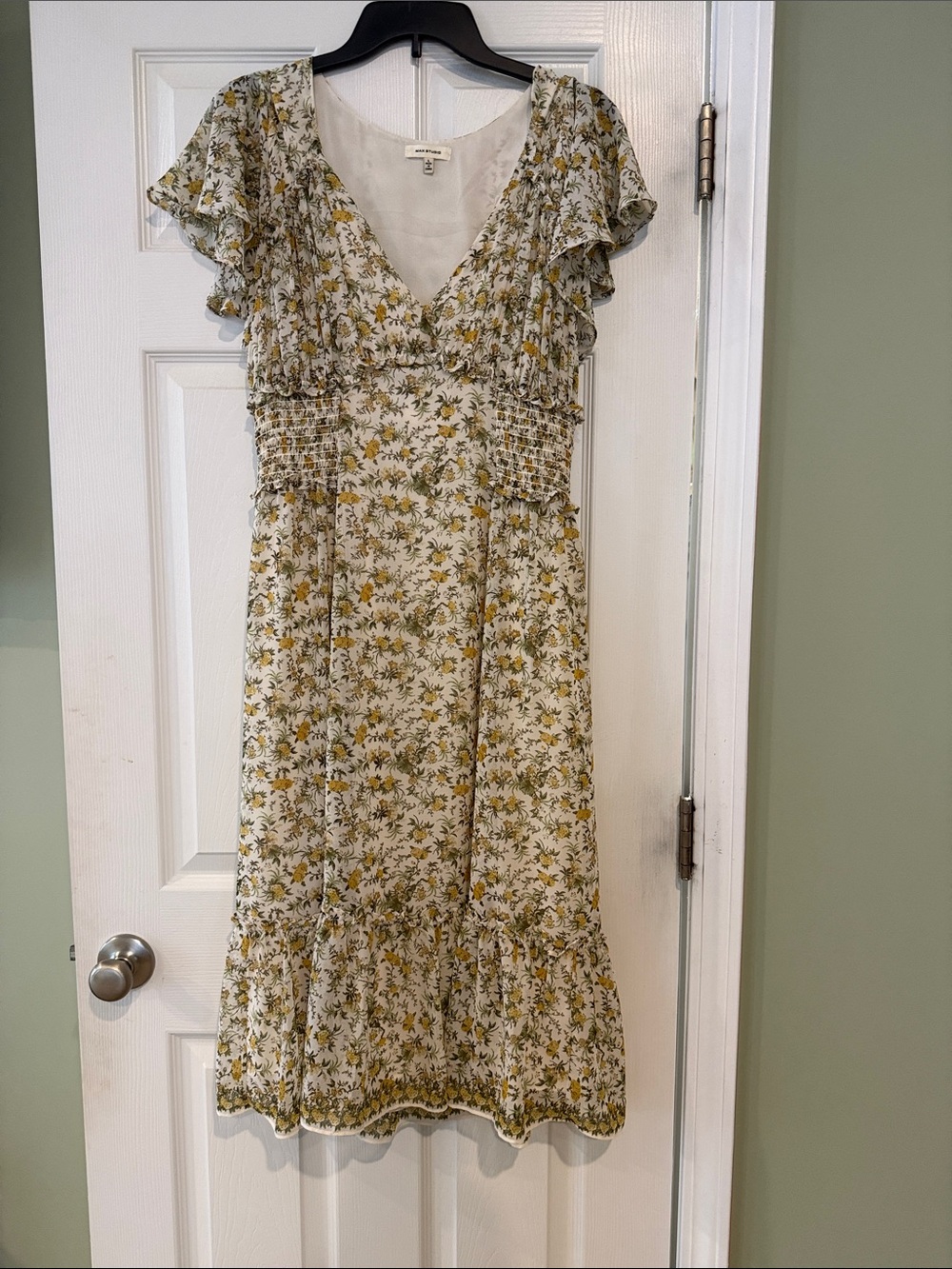 Max Studio Flowy Floral V-Neck Smocked Midi Dress - Cream & Yellow